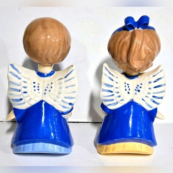 Vintage Ceramic Kissing Angels Hand Painted 1970's Blue White - Picture 2 of 7